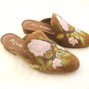 Matisse Bianca Tan Embroidered Suede Leather Loafer Slides